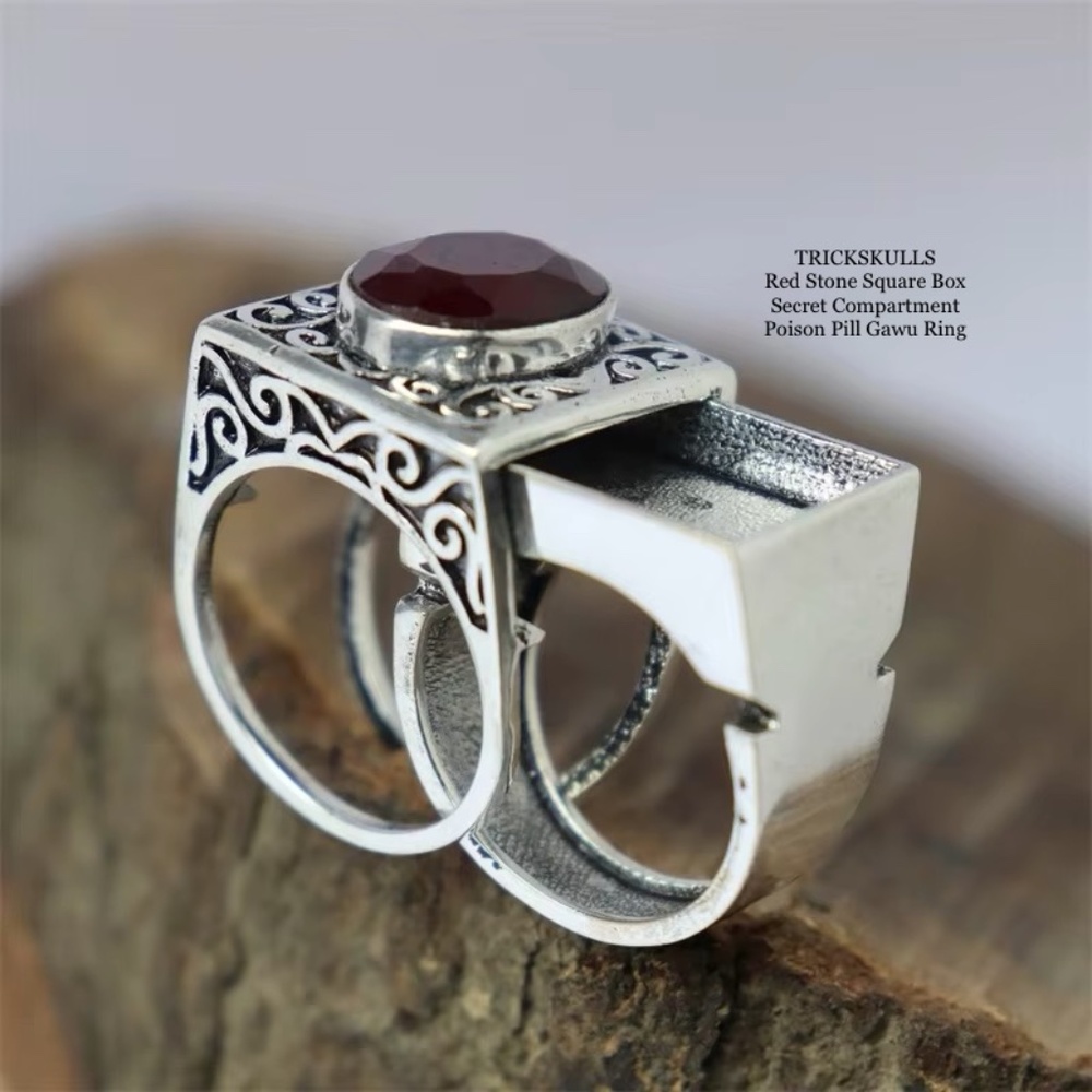 Red Stone Square Box Secret Compartment Poison Pill Gawu Ring 6 7 8 9 10 11 12 + - Picture 2 of 8